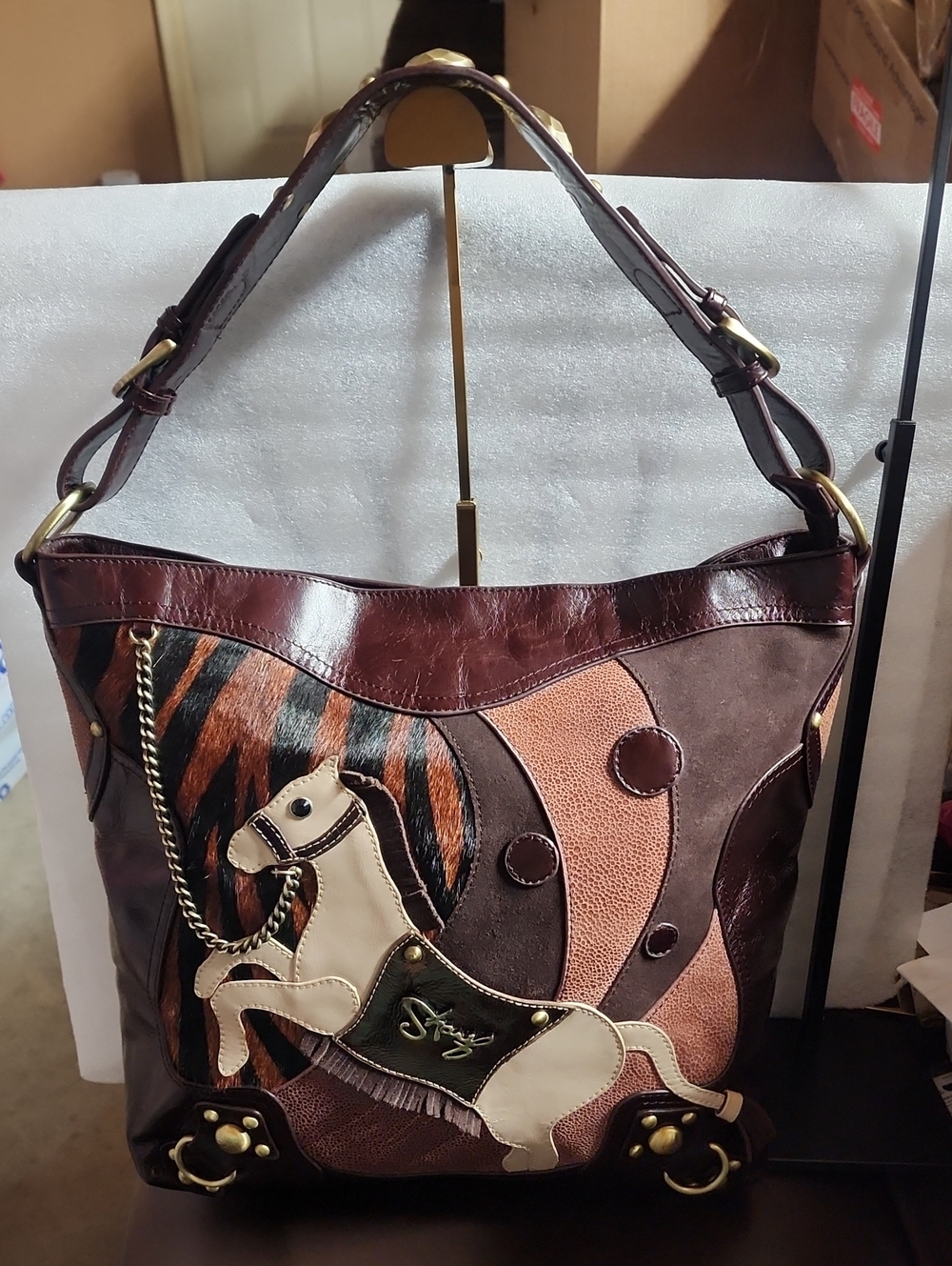 Sharif Leather, Hair, Suede Horse Appliqué Shoulder Bag Euc Rare